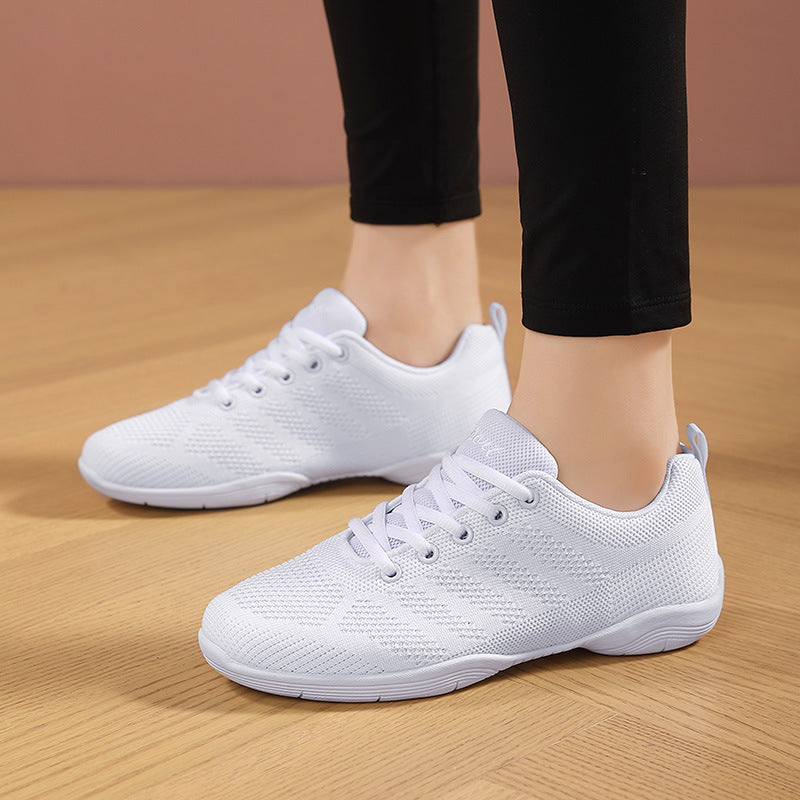 Women's White Breathable Knit Dance Sneakers - Non-Slip Rubber Sole for Cheerleading, Zumba & Aerobics CL-04