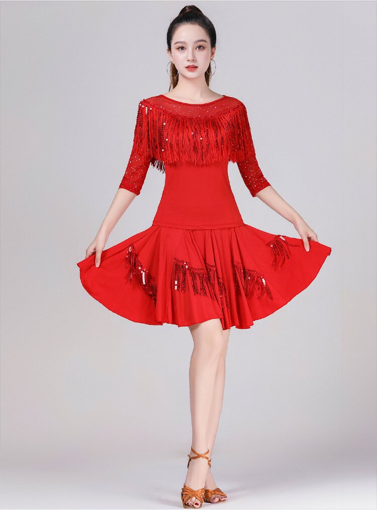 Sparkling sequin Latin dance top for women, flowy fringe salsa tango performance shirt