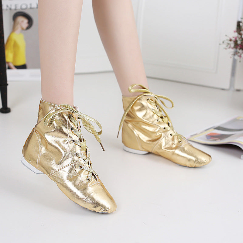 Black, gold, and silver high-top jazz dance boots collection, ideal for stage and practice
