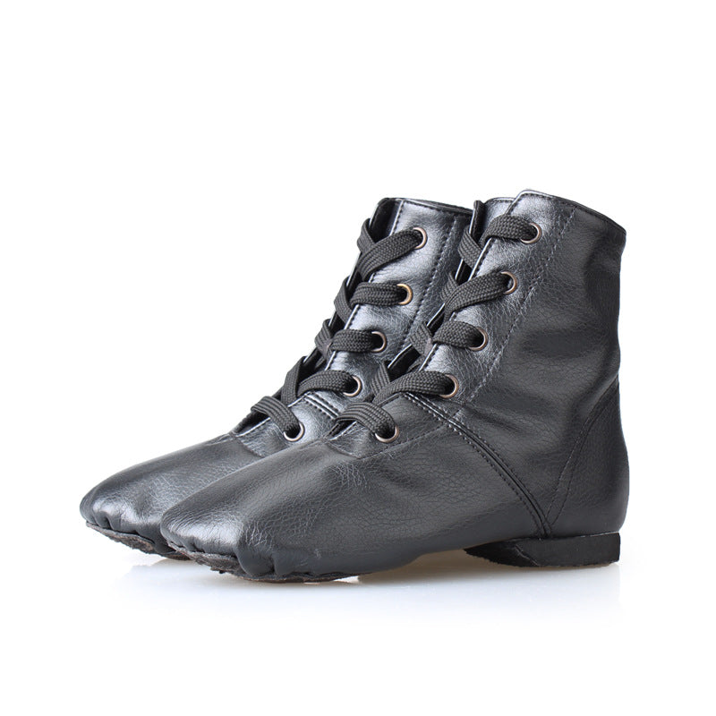 Shiny black PU jazz boots, perfect for street dance and hip-hop training