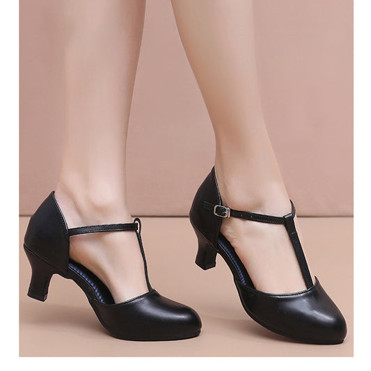 Premium matte leather ladies latin dance shoes, adjustable buckle T-strap low heel performance footwear
