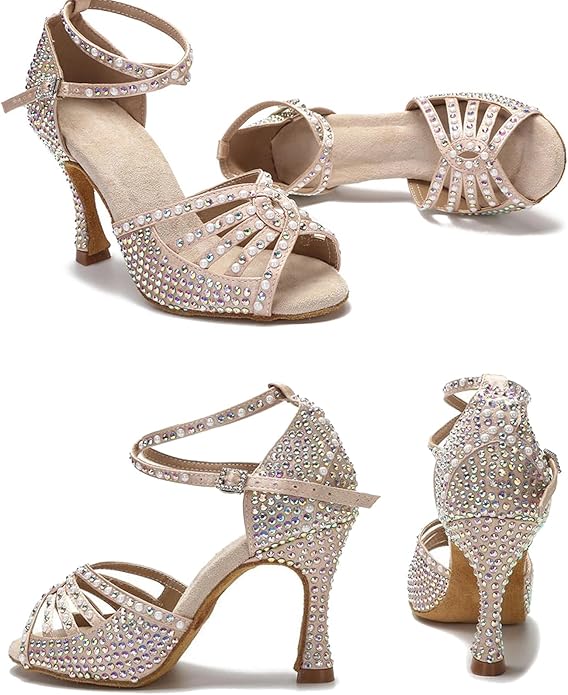 Women's Rhinestone Pearl Latin Dance Shoes Satin Salsa Tango Ballroom Performance Dancing Shoes Model AZ701