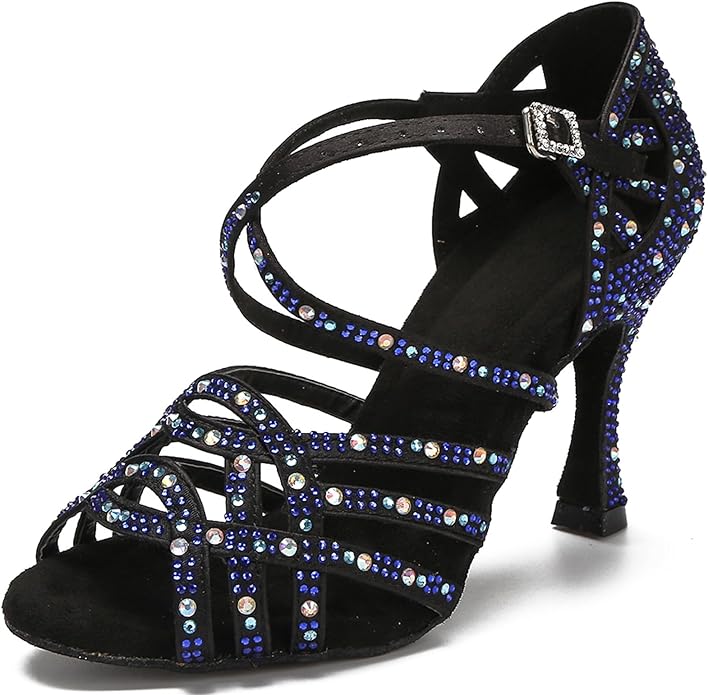 Women's rhinestone Latin dance shoes, black with blue crystals, open toe, adjustable buckle heel