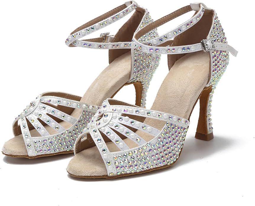 White open toe Latin dance heels with ankle buckle strap, rhinestone-encrusted ballroom dance shoes