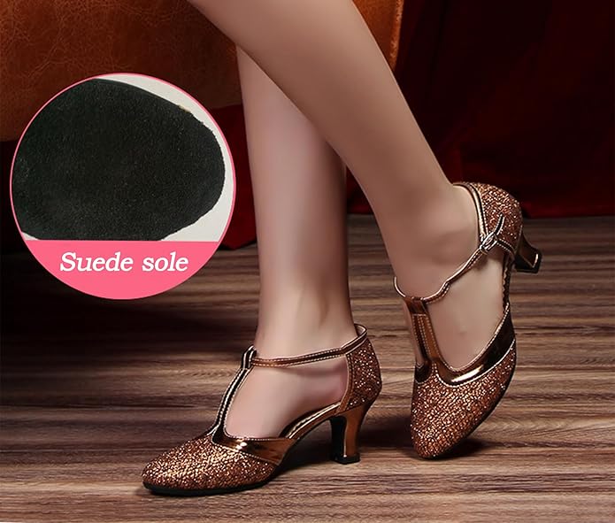Women's Latin Salsa Dance Shoes Closed Toe T-Strap Tango Cha-Cha Ballroom Performence Shoes Model A47D
