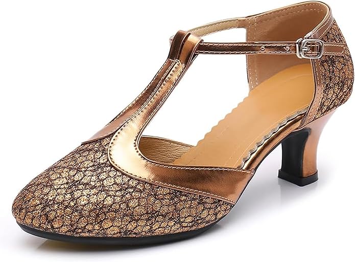 Mid-heel Latin dance shoes in glitter with PU accents, adjustable ankle strap for women