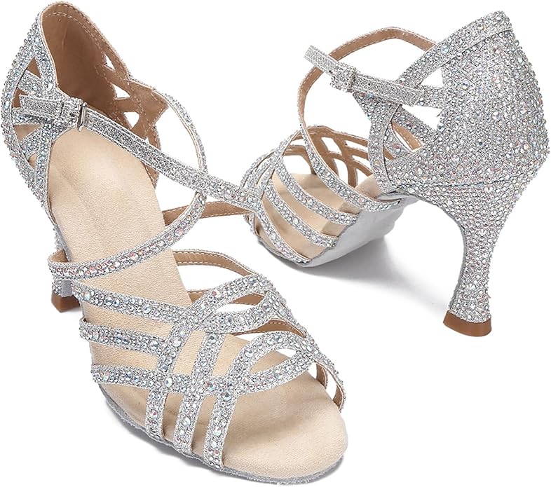 Silver glitter rhinestone dance shoes, crisscross straps, high heel for stage performance
