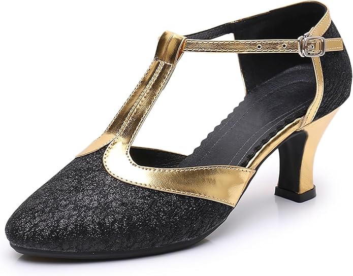 Women's glitter ballroom dance shoes with T-strap buckle, comfortable heel for dancing