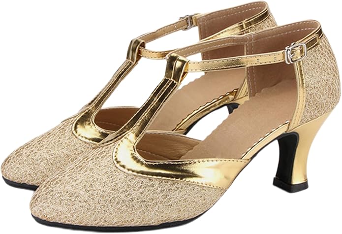 Closed toe Latin dance shoes with adjustable buckle, glitter ballroom heels for salsa tango