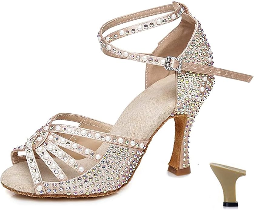 Women's Rhinestone Pearl Latin Dance Shoes Satin Salsa Tango Ballroom Performance Dancing Shoes Model AZ701