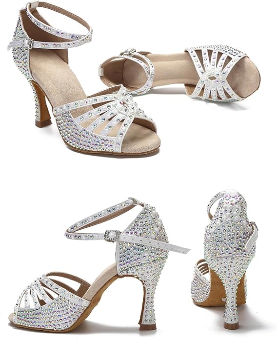 White and beige Latin dance shoes with full rhinestone and pearl design, comfortable ballroom dance heels