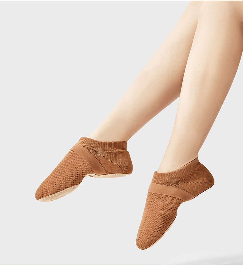 Indoor jazz dance shoes with soft suede sole and knit upper