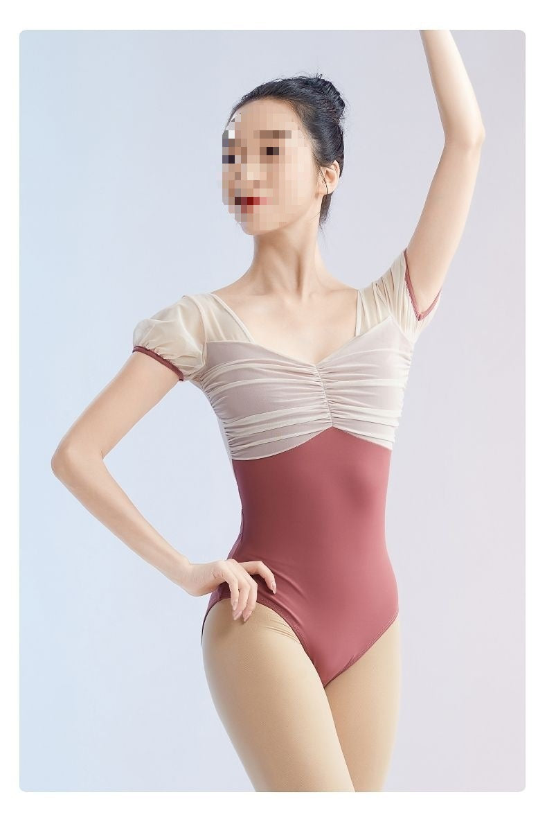 Pink backless ballet leotard, women's ruched front dance unitard for gymnastics
