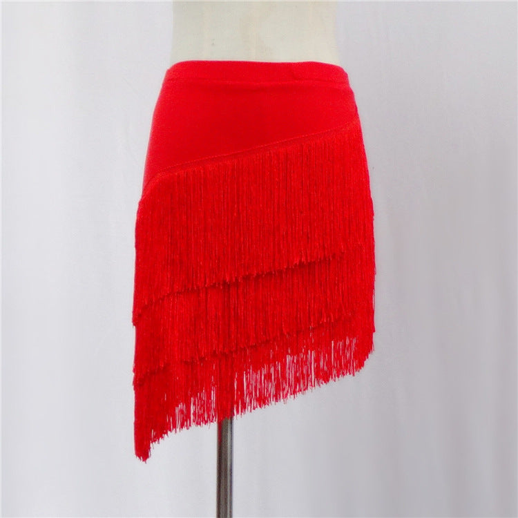 Red tassel Latin dance skirt, side view showing flowy movement