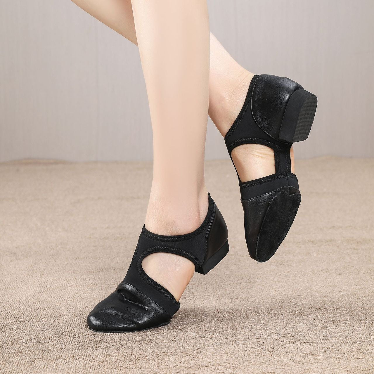 Nude leather and elastic jazz teacher shoes worn on foot