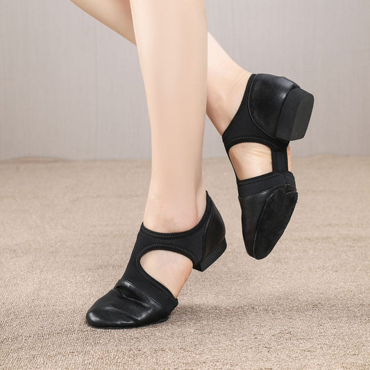 Nude leather and elastic jazz teacher shoes worn on foot