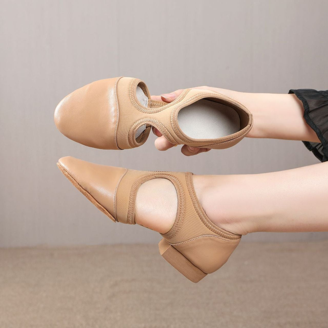 Side view of split-sole jazz teacher shoes in nude color