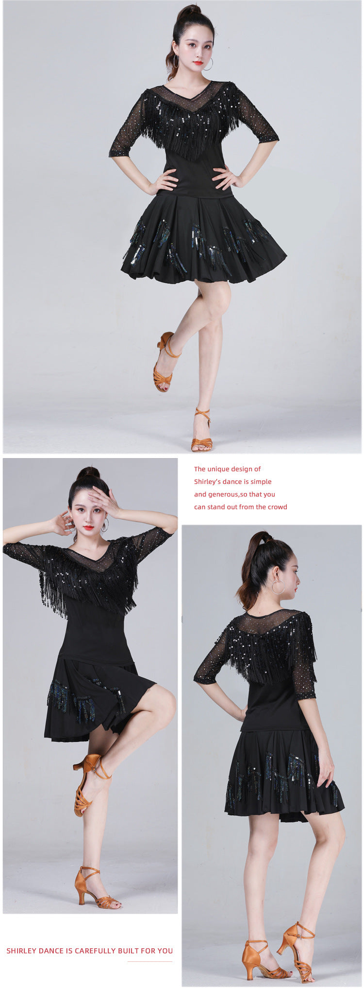 Women's Latin Dance Top, Sequined Fringe Mesh Top for Ballroom Salsa Tango, Performance Practice Dancewear