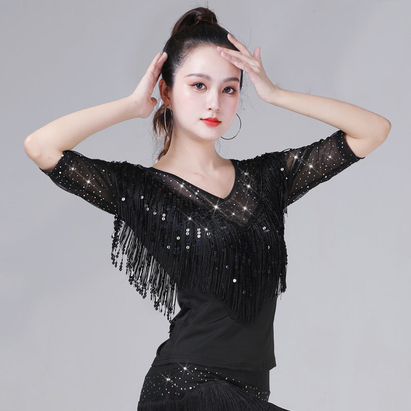 Stretchy sequined Latin dance top, women's fringe ballroom dance shirt for competition