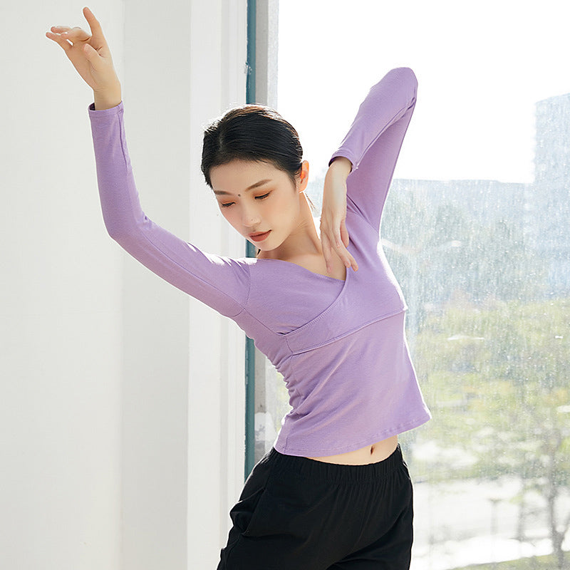 Purple Long Sleeve Dance Top, Soft Stretchy V-Neck Ballet Wear for Women Stage Performance