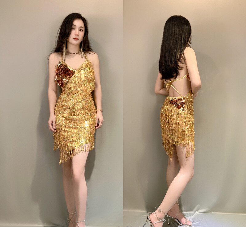 Sequin Fringe Latin Dance Dress with Gloves - Backless Halter Neck Salsa Tango Performance Costume