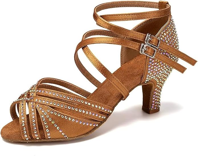Professional ladies latin dance sandals, rhinestones upper comfortable low dance heel