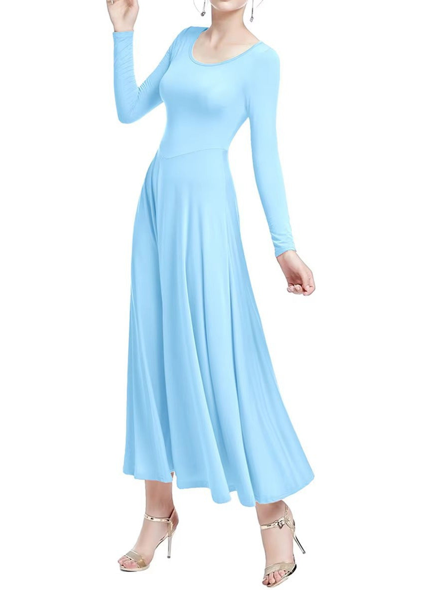 Women's royal blue church choir dress, modest long sleeve praise dance wear for Sunday worship