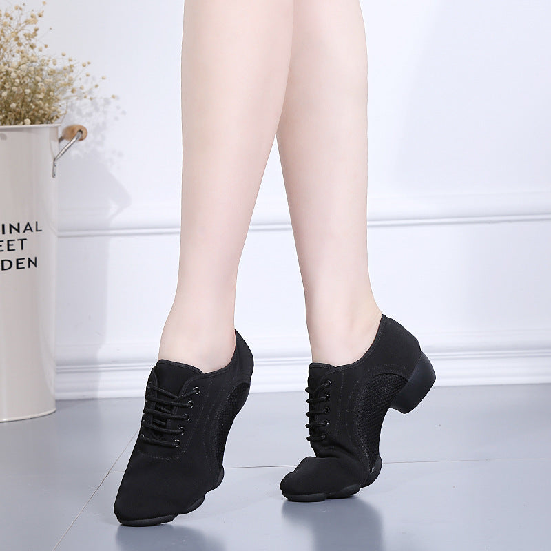 Mesh-panel dance shoes with low heel, designed for dance teachers