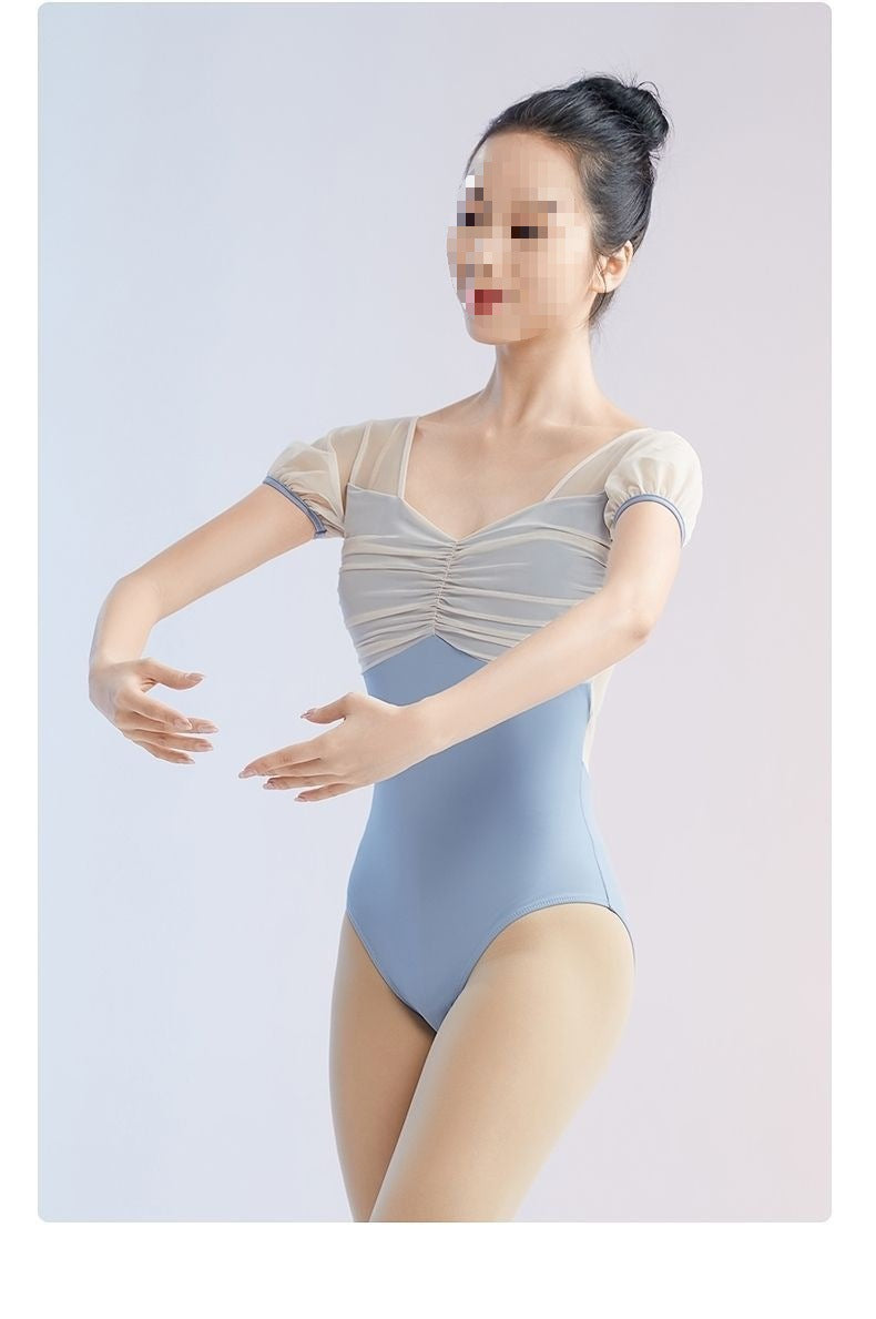 Elegant backless dance bodysuit for women, sheer puff sleeve ballet leotard
