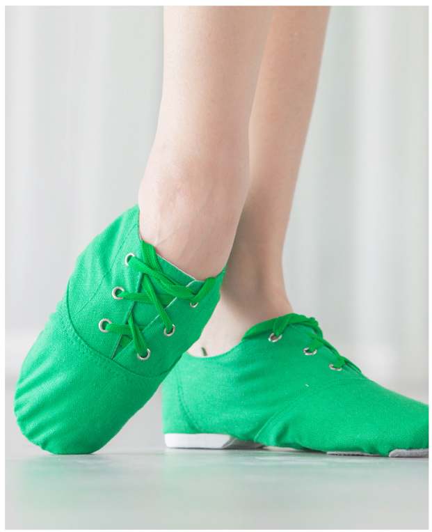 Green canvas lace-up jazz dance shoes, split suede sole ballet practice shoes for women men kids