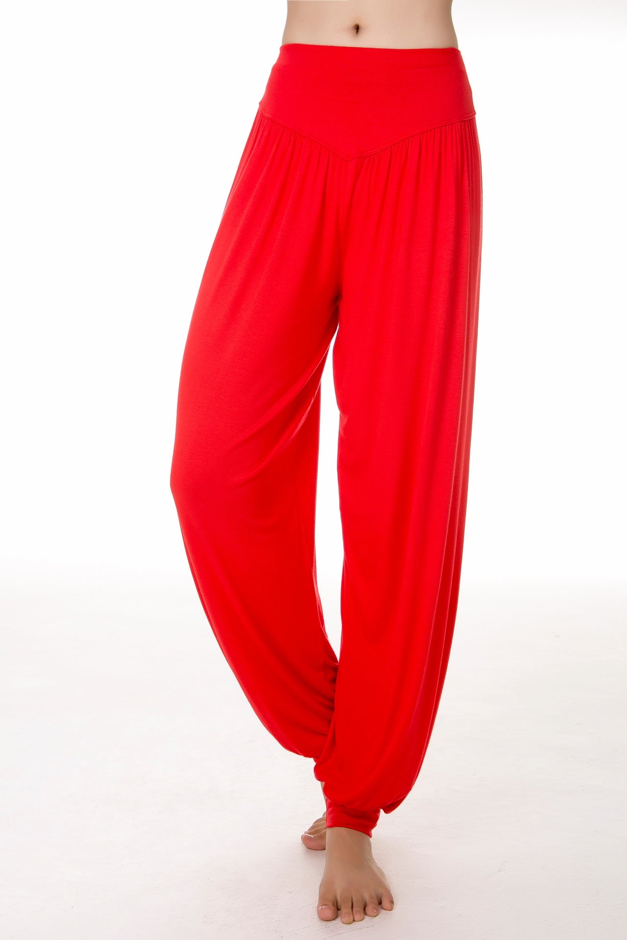Red loose modal dance pants, high waist tapered cuffs for women