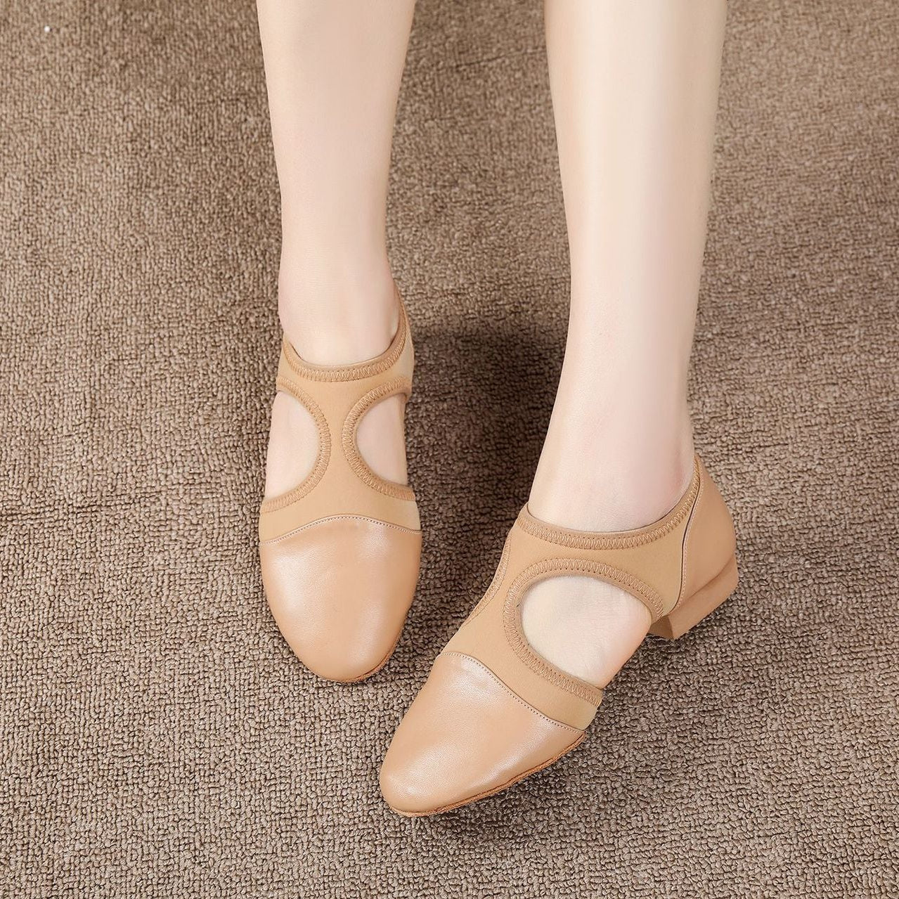 Close-up of elastic and leather upper on dance shoes