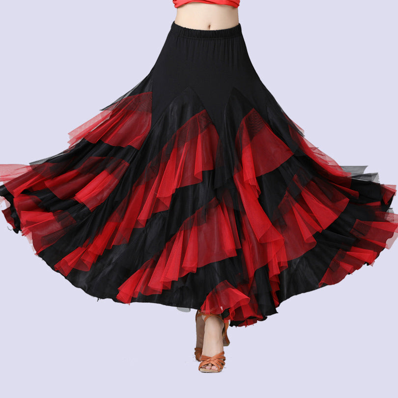 Black and pink tiered tulle ballroom dance skirt with full swing