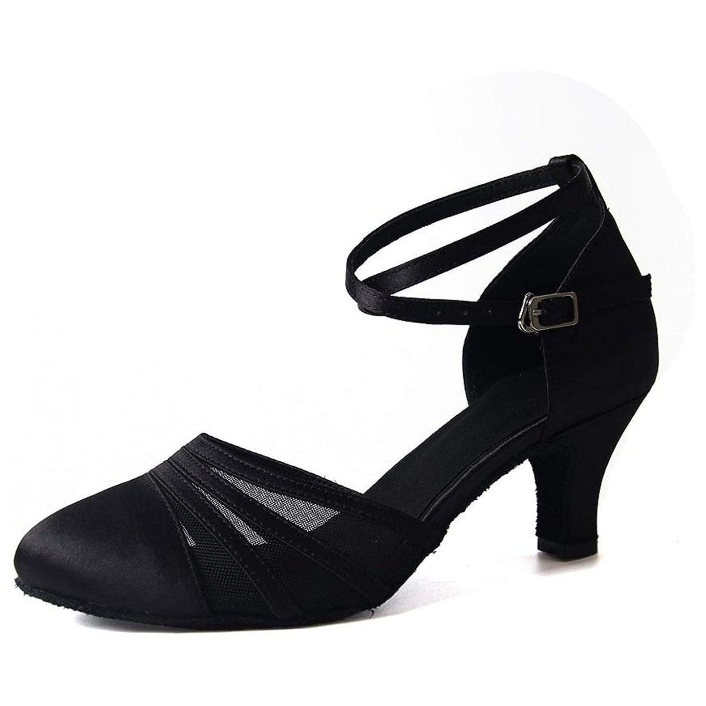 Women's Black Satin Latin Dance Shoes with Mesh Panels and Ankle Strap