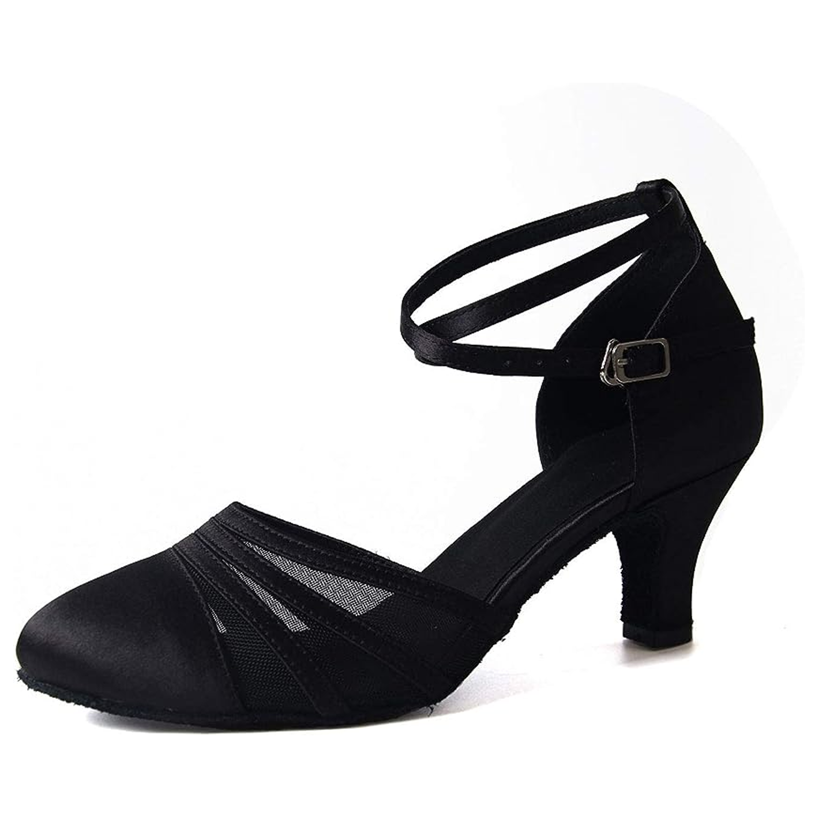 Women's Black Satin Latin Dance Shoes with Mesh Panels and Ankle Strap