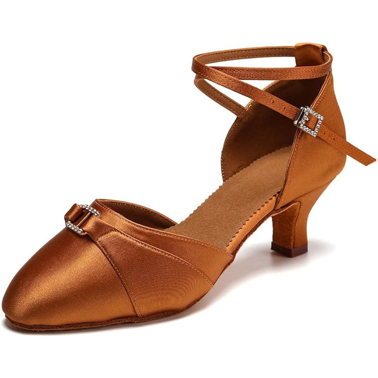 Brown Satin Latin Dance Heels with Rhinestone Buckle, Suede Sole for Practice