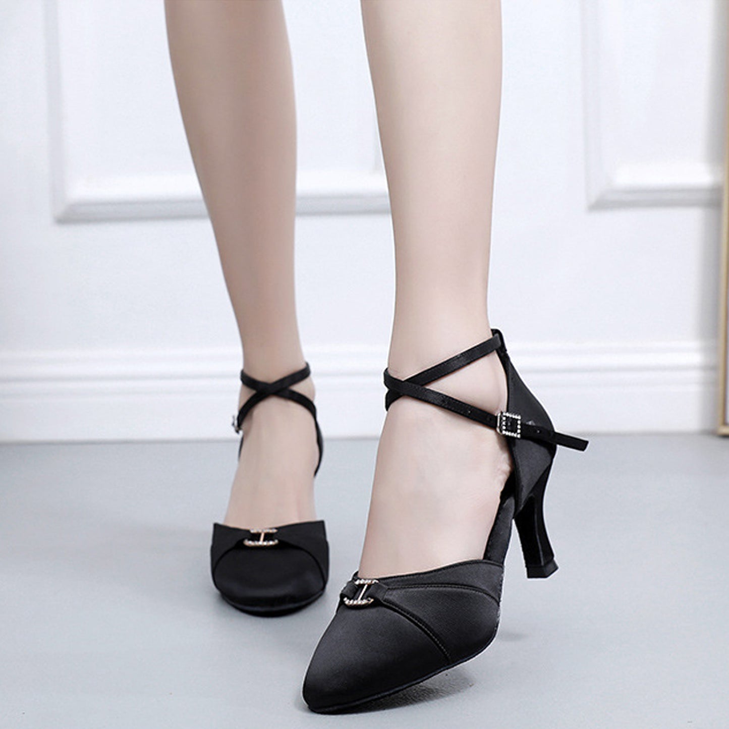 Satin Latin Salsa Dance Shoes with Rhinestone Details and Mid Heel