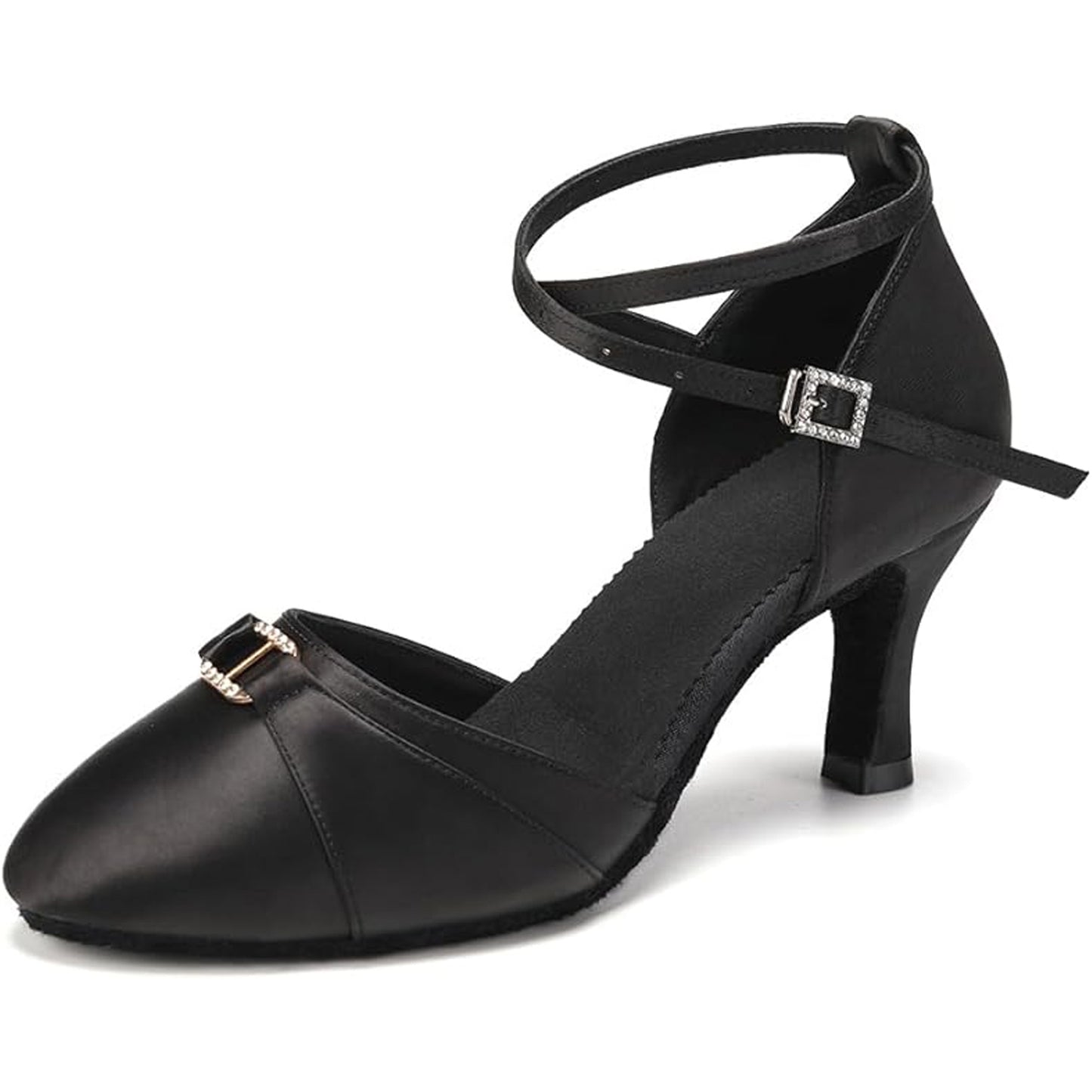 Black Satin Ballroom Dance Shoes for Women, Secure Ankle Strap Design