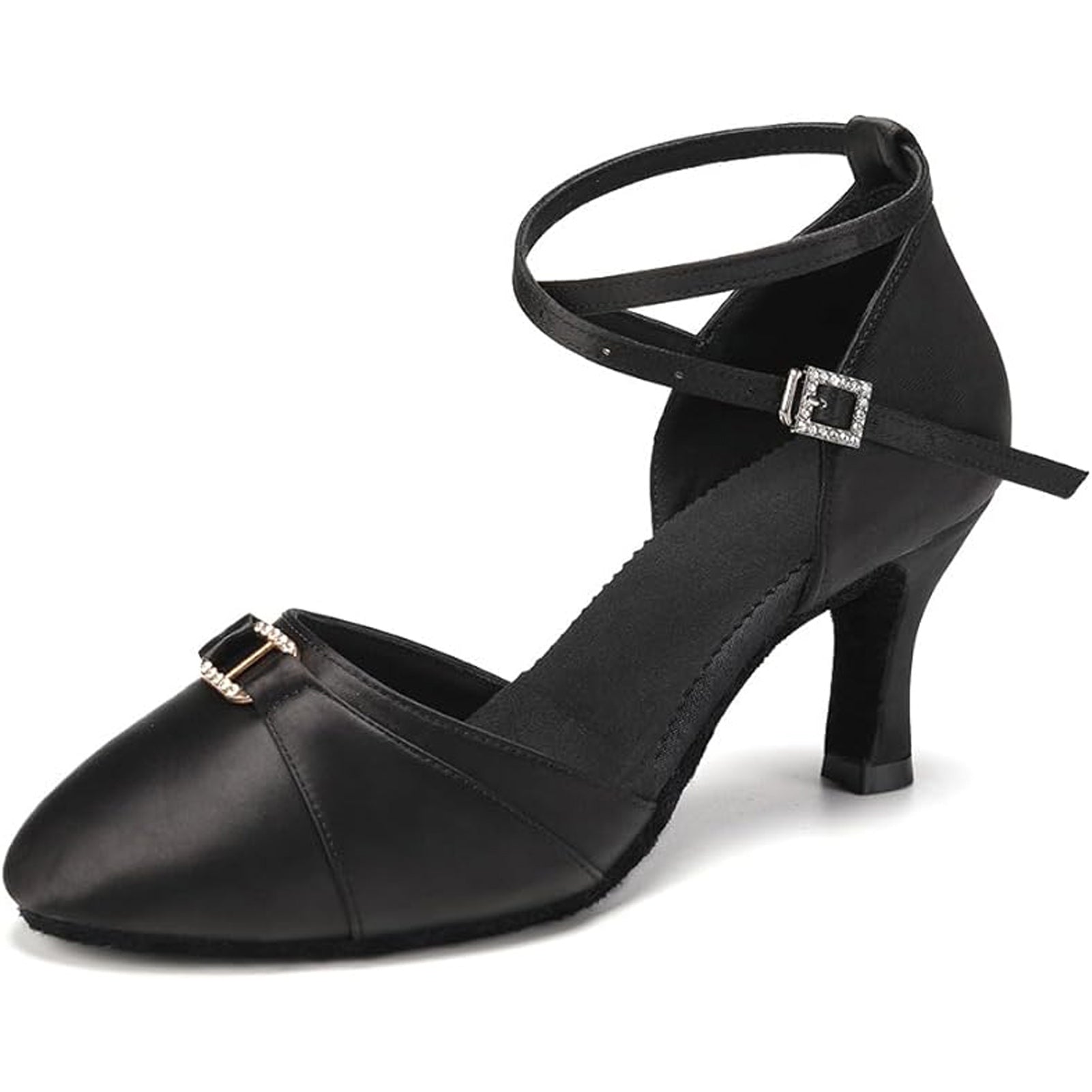 Black Satin Ballroom Dance Shoes for Women, Secure Ankle Strap Design