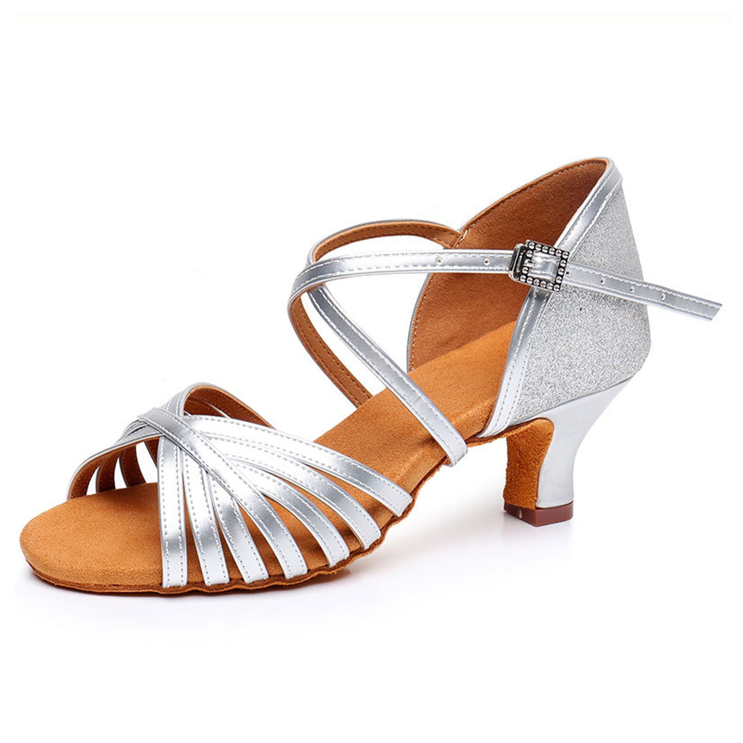 Women's Performance Latin Dance Heels, Shiny Metallic Upper, Comfortable Mid Heel