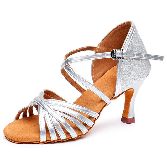 Comfortable Women's Ballroom Latin Shoes, Crossed Straps, Sparkly Heel, Non-Slip Sole