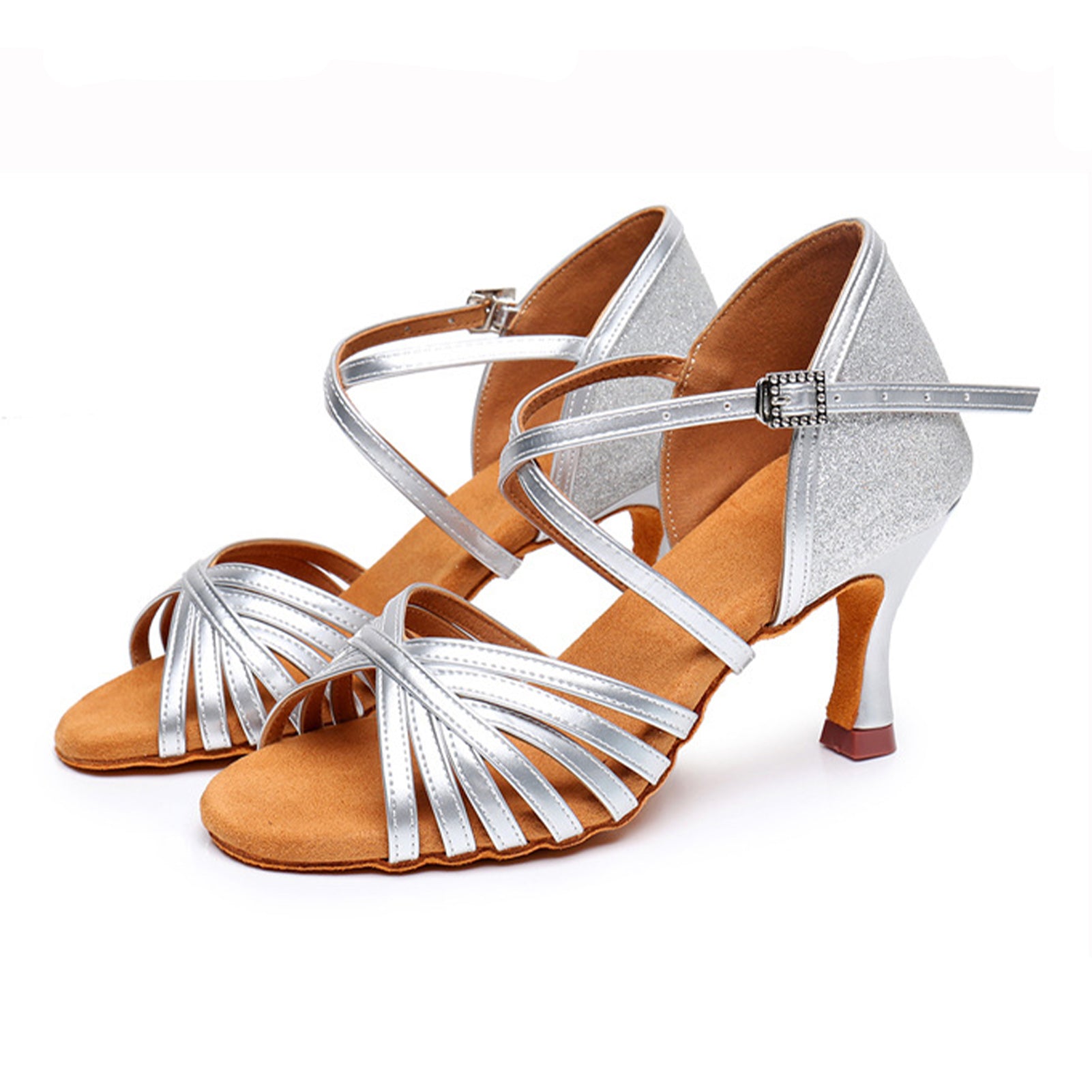 Stylish Latin Dance Heels for Performance, Adjustable Strap, Metallic Finish, Gold & Silver
