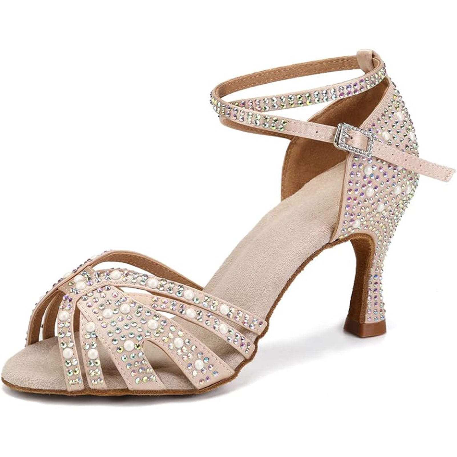 Biege rhinestone pearl latin dance shoes for women, open-toe cross strap salsa heels with adjustable ankle buckle, ballroom performance dance shoes