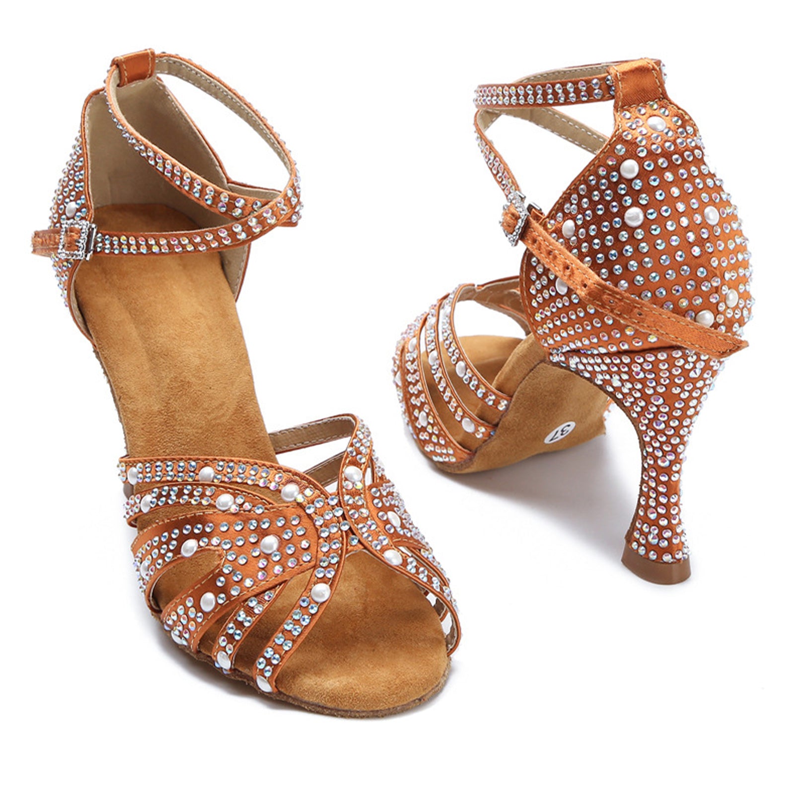 Sparkly rhinestone & pearl latin dance heels for women, open-toe professional salsa tango shoes with adjustable ankle buckle