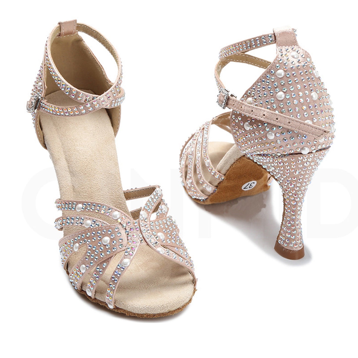 Biege latin dance shoes with full rhinestone pearl detailing, women's adjustable ankle strap ballroom tango heels