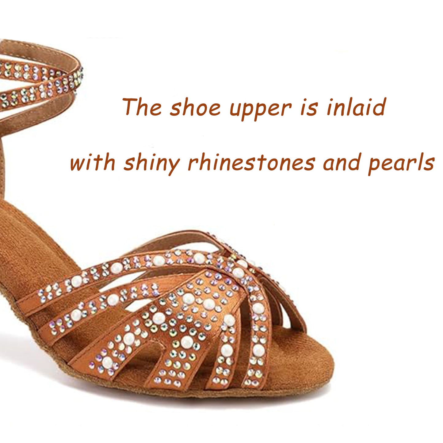 Women's Rhinestone & Pearl Latin Dance Shoes, Salsa Tango Ballroom Heels with Adjustable Ankle Strap Model A51G