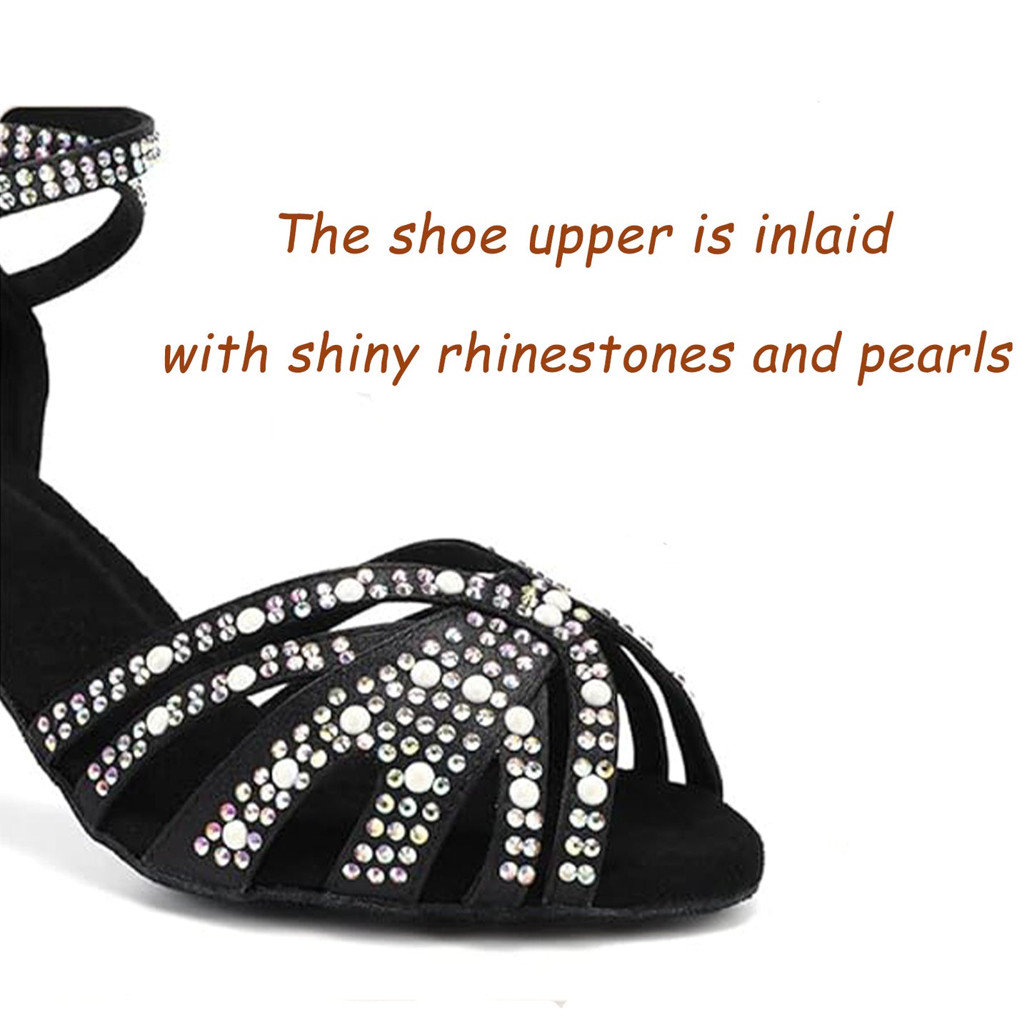 Women's Rhinestone & Pearl Latin Dance Shoes, Salsa Tango Ballroom Heels with Adjustable Ankle Strap Model A51G