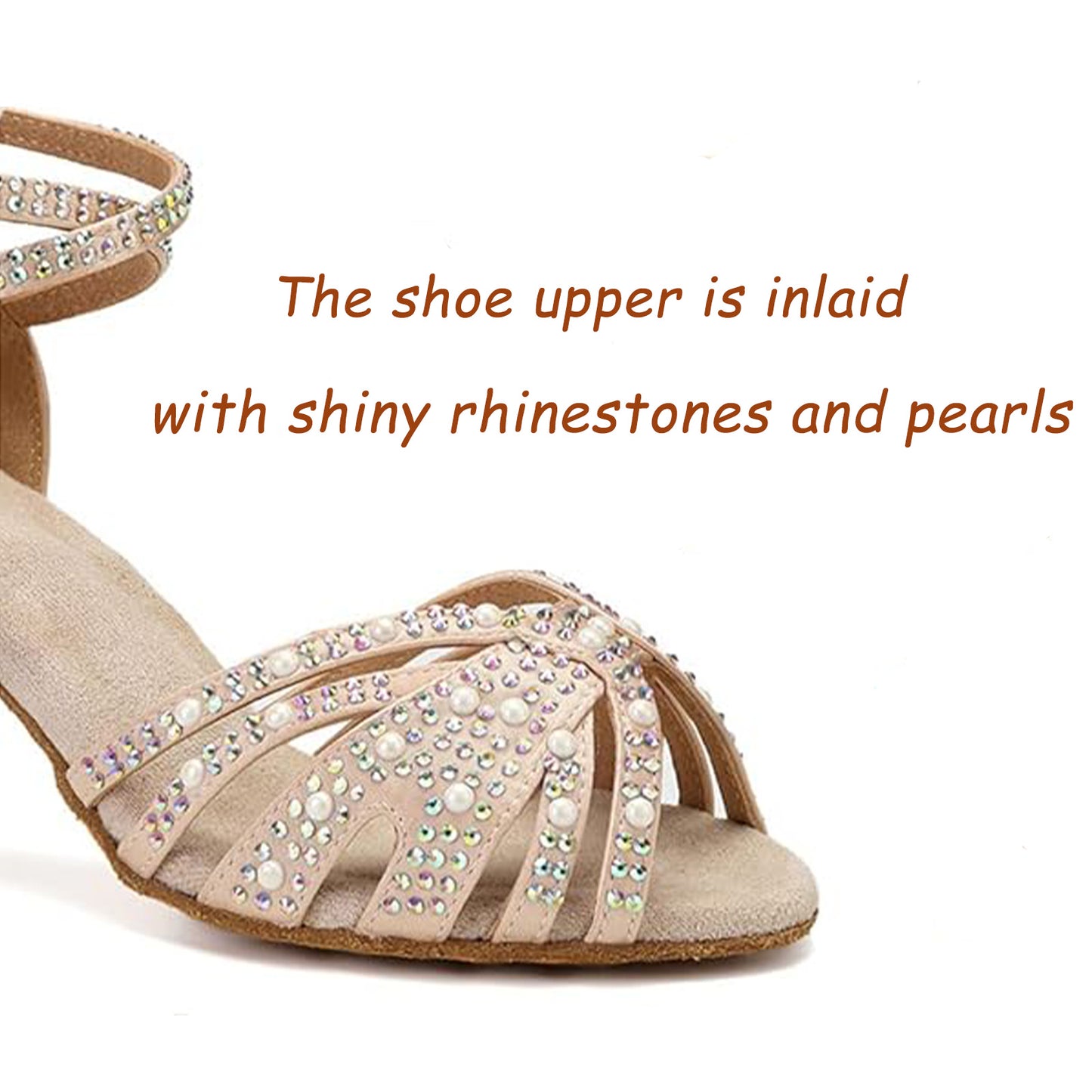 Women's Rhinestone & Pearl Latin Dance Shoes, Salsa Tango Ballroom Heels with Adjustable Ankle Strap Model A51G
