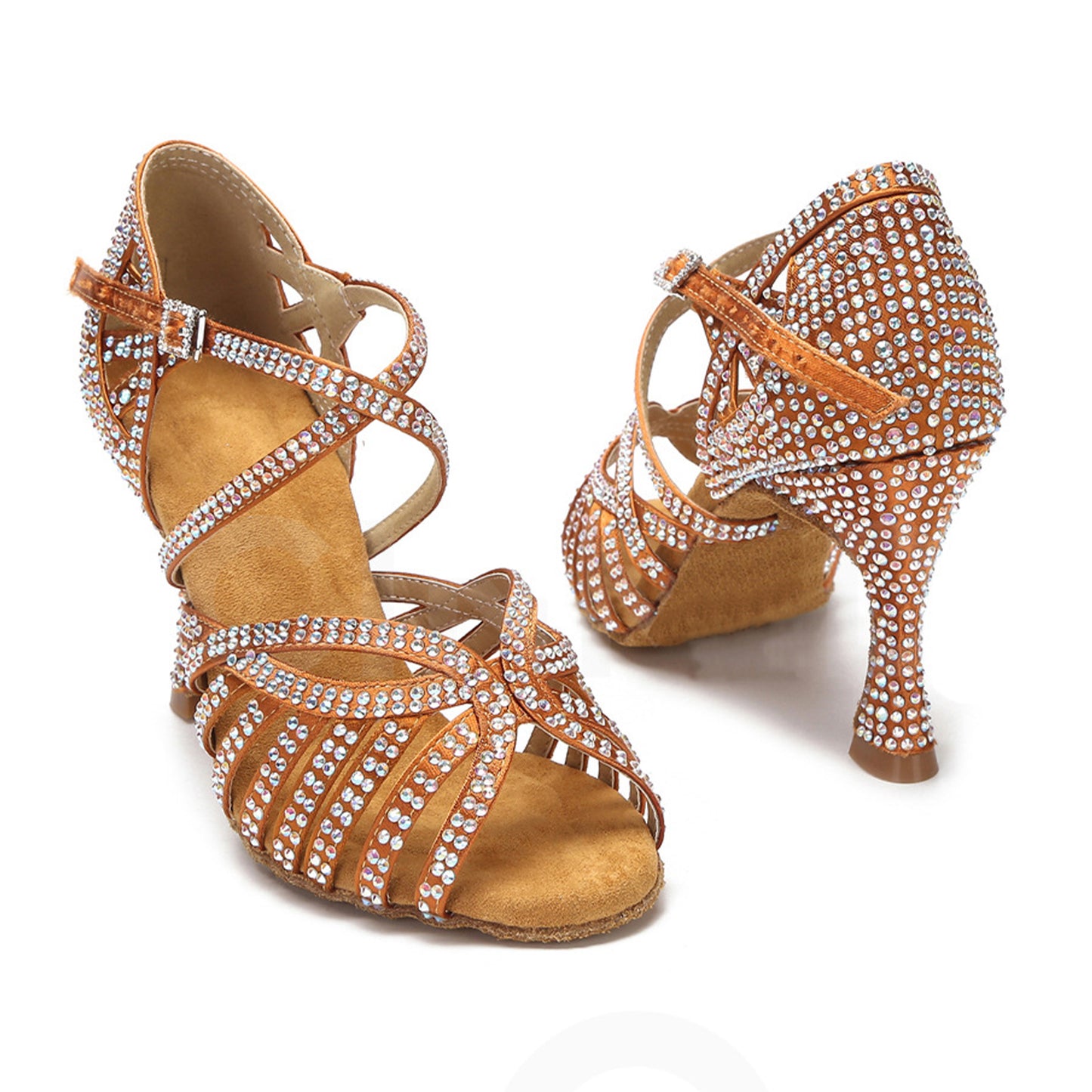 Brown Crisscross Strap Latin Dance Shoes, Rhinestone-Embellished Heels