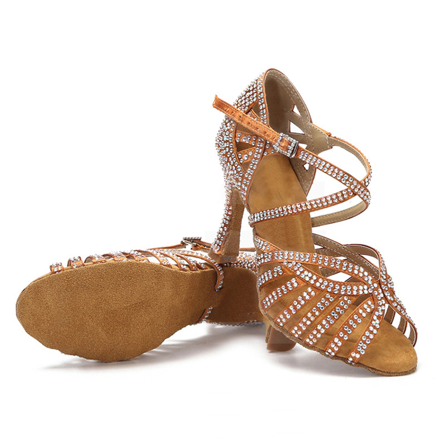 Brown Cross-Band Latin Dance Shoes, Full Crystal Embellished Professional Heels